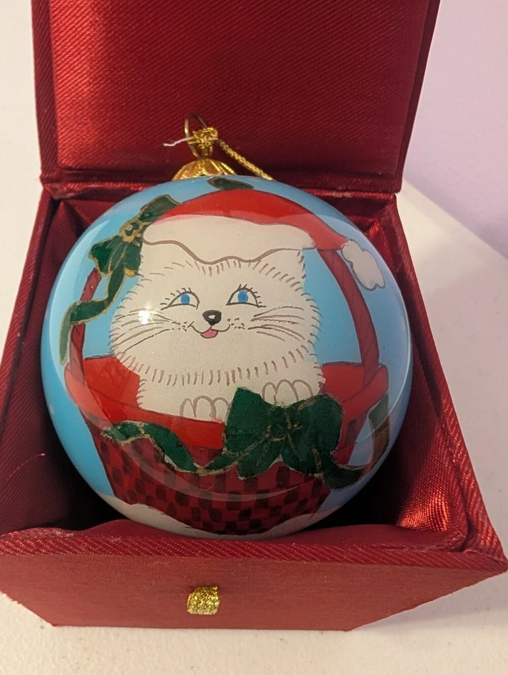 Artline Inside Art Christmas Cat Basket Reverse Painted Glass Ornament Vintage